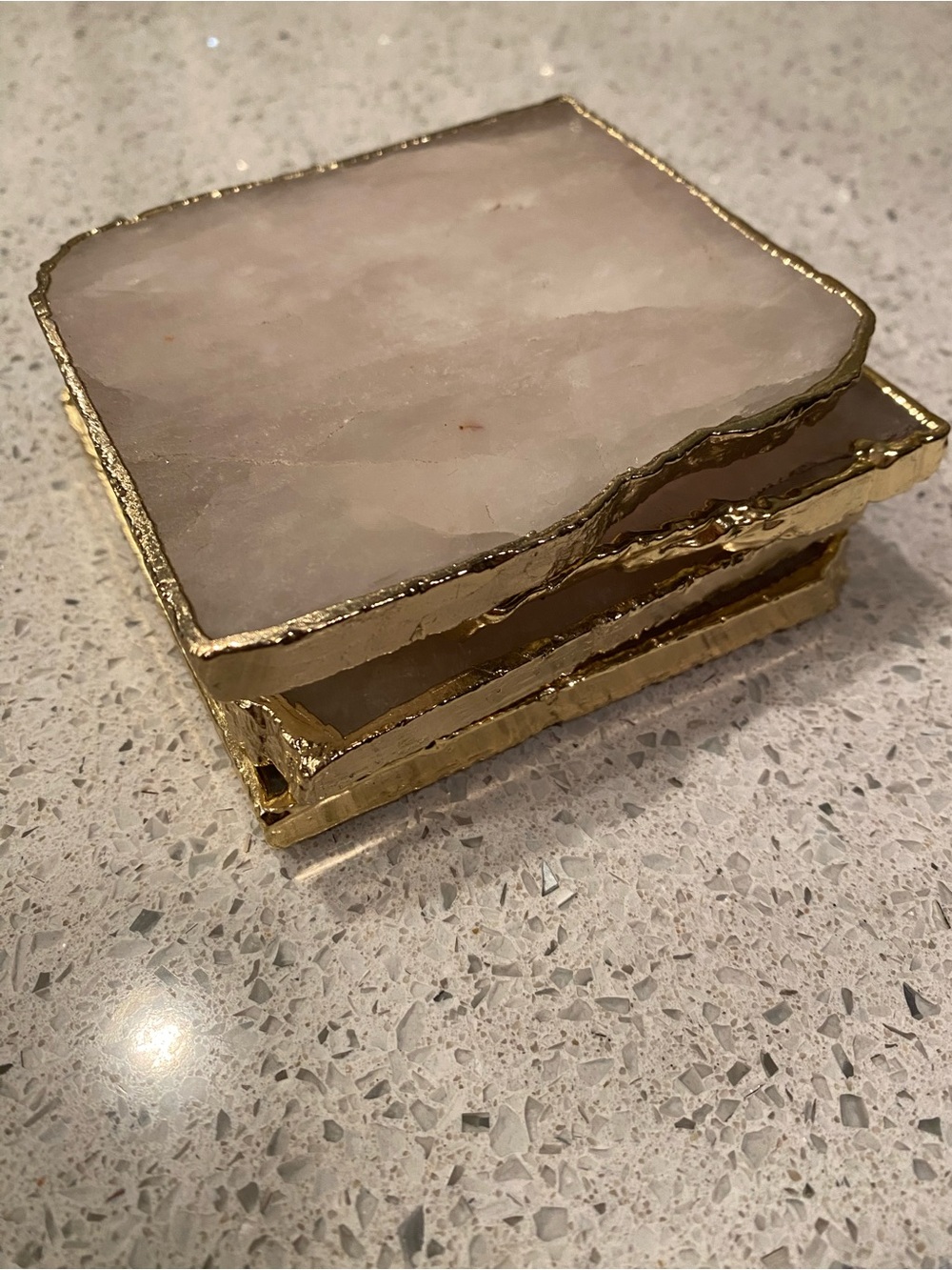 Anthropologie Gold-Trimmed Cream/Light Pink Quartz Coasters — Set of 4